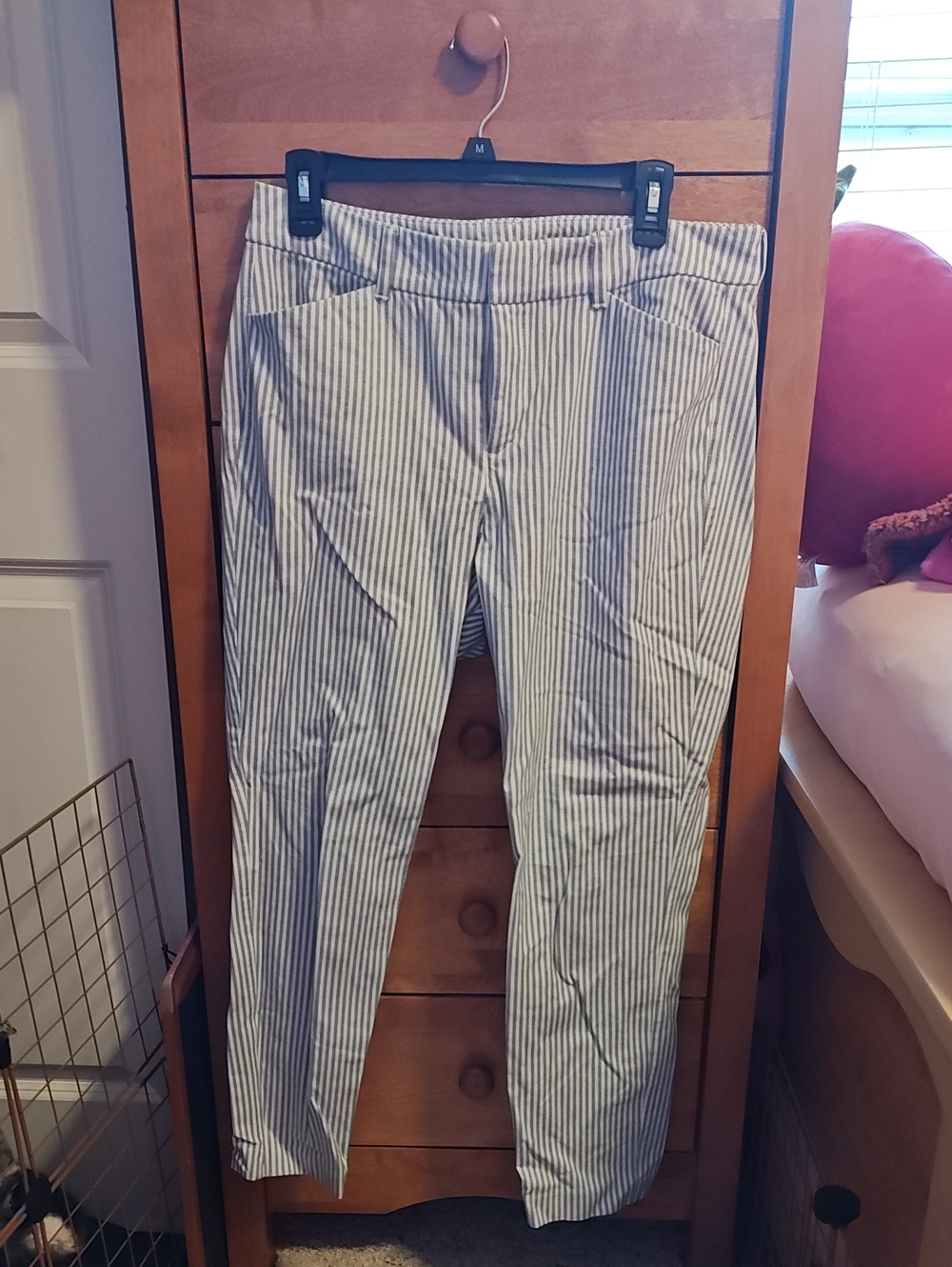 Striped Slim Fit Women’s Dress Pants — White & Navy - Picture 1 of 4